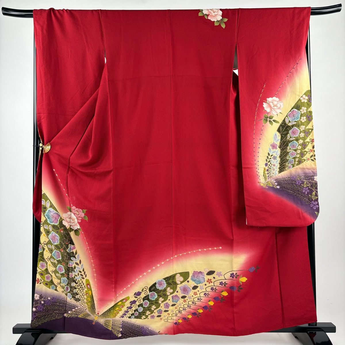 振袖 身丈161cm 裄丈69cm L 袷 草花 蝶 金彩 ぼかし 赤 正絹 秀品