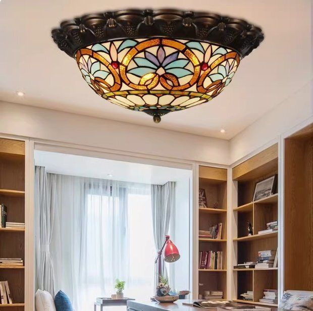 上品 別荘ステンドランプ シーリングライト ステンドグラス アンティーク 花柄レトロな雰囲気がおしゃれ ティファニー技法 照明