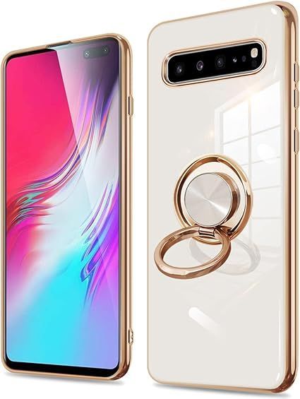 Galaxy S10 ケース リング 白 S10(SC-03L SCV4)カバー リング付き 耐衝撃 ギャラクシー S10 カバー スリム ソフト シリコン tpu 360回転 スタンド機能付き 車載ホルダー (Galaxy S10，クリー