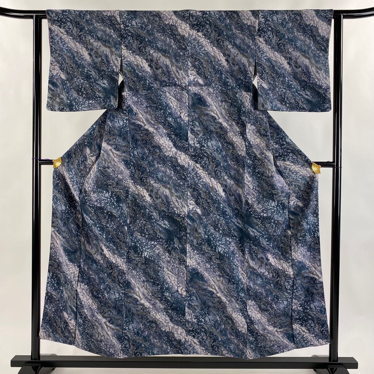 小紋 身丈154cm 裄丈62cm S 袷 幾何学模様 ぼかし 青緑 正絹 秀品