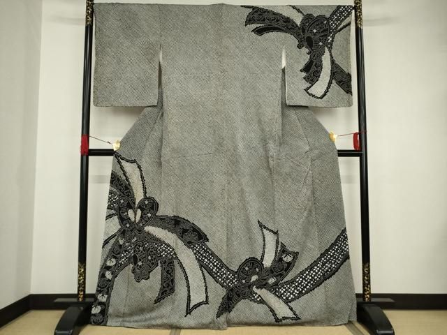 平和屋着物○訪問着 総絞り 流水舞花文 黒地 正絹 逸品 AAAV9037np