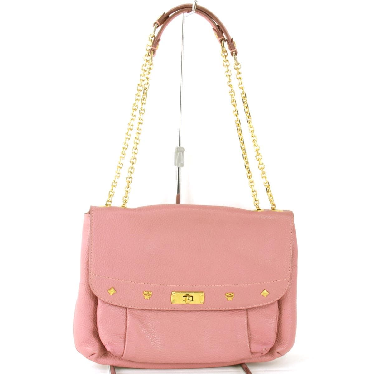 『USED』 MCM エム・シー・エム スタッズ チェーン ショルダーバッグ レザー ピンク【中古】 USED』 エム・シー・エム スタッズ チェーン ショルダーバッグ レザー