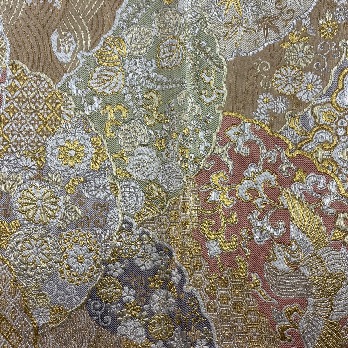 豪華◾️くすみ白地銀彩加工◾️大輪の牡丹柄◾️フルオーダー◾️西陣織袋帯付き 袋帯 美品 秀品 雪輪 花鳥 箔 金銀糸 ベージュ 六通 正絹 【中古