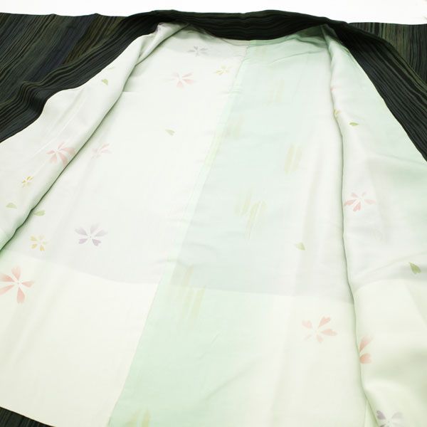 中古】 道中着 コート 袷 バチ衿 黒 青 緑 黄茶色 変わり縞 粋な
