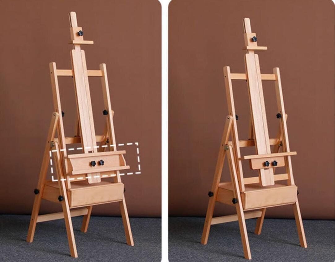 イーゼル 木製イーゼルスタンド 前傾式 角度を調節でき 引き出し付き折りたたみ収納高さ調節 高さ122-207cm H型フレーム