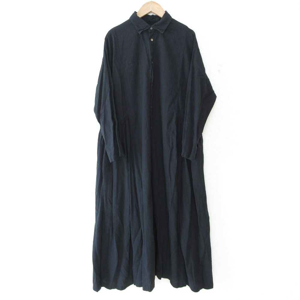 22AW nest Robe ネストローブ UpcycleLino 近江晒 サイドギャザーワンピース ロング シャツドレス 01223-1060 F ブラック レディース 古着