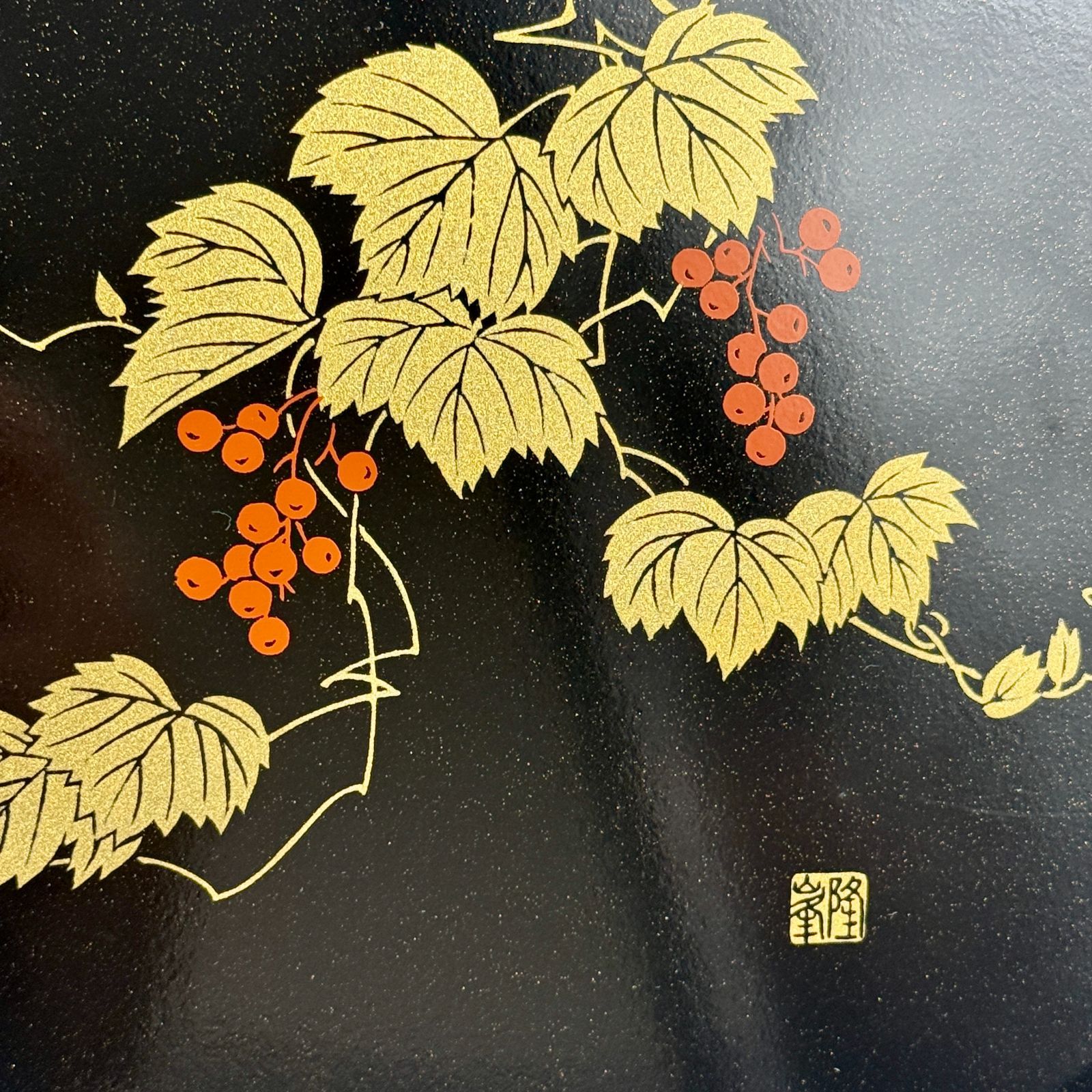 漆塗 おぼん 盆 コーヒートレー 隆峰 昭和レトロ 黒 ブラック 金彩 花 