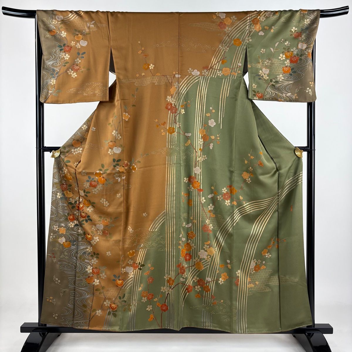 訪問着 身丈159cm 裄丈66cm M 袷 落款 橘花 観世水 金糸 金銀彩 茶色 正絹 秀品