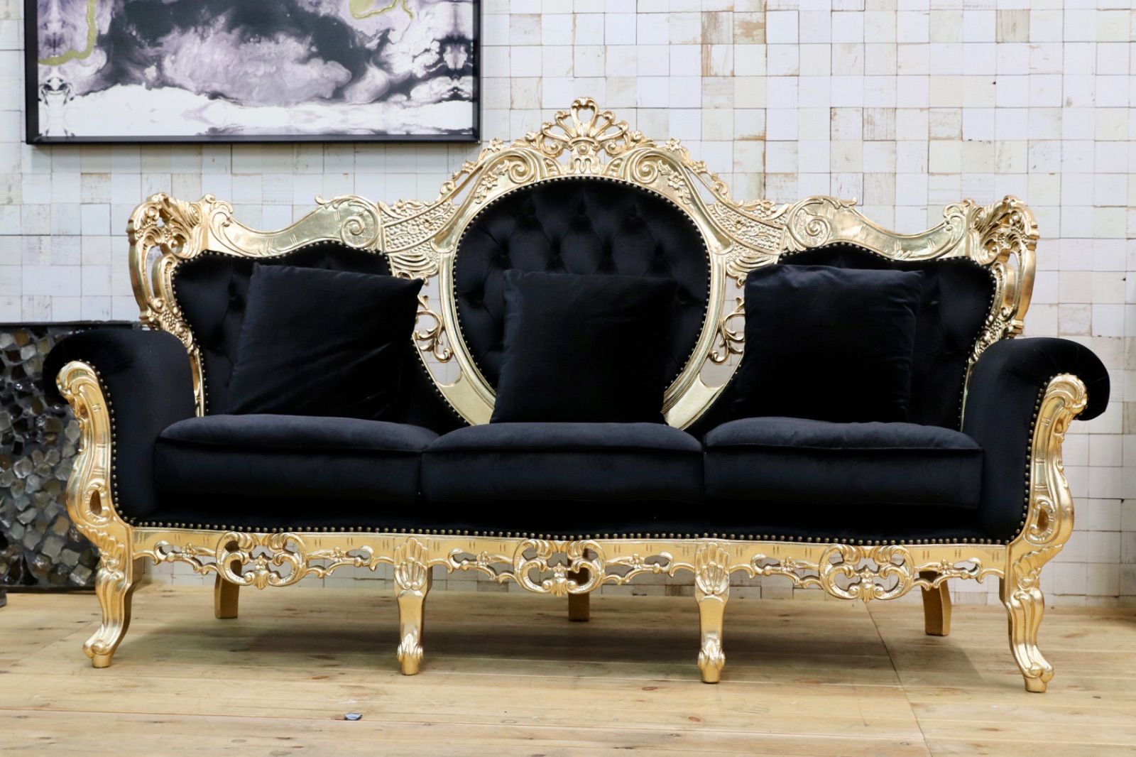 GMIK532○ヴェネチアン トリプルソファ イタリア 輸入家具 クラシック エレガント ブラック×ゴールド ファブリック 定価約46万