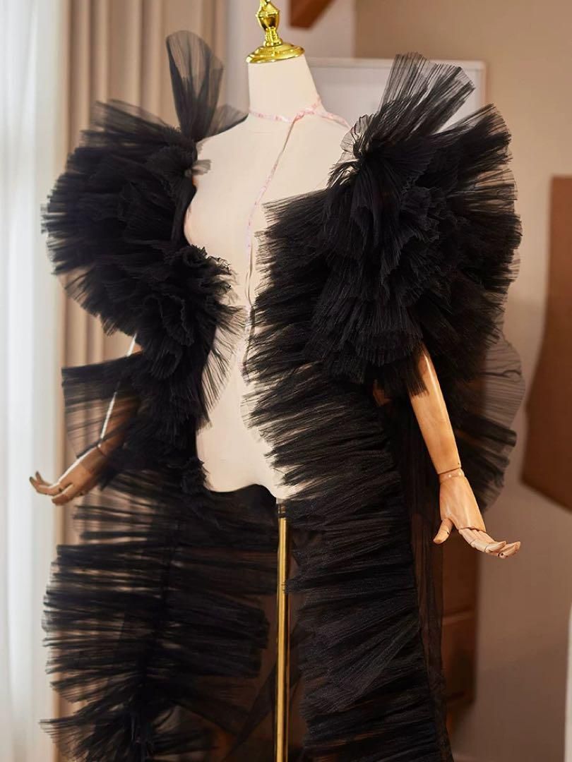  25年 フリルスリーブのゴージャスなロングショール ブラック ブライダルケープ ショール ブライダル小物