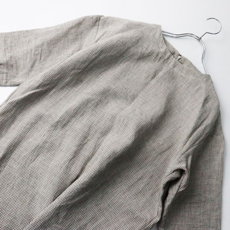  麻の格子 ワンピース 7分袖 ベージュ系┃リネンチュニック ドレス チェック柄 その他 その他