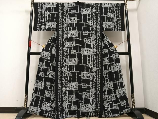 平和屋着物 上質な小紋 人物花鳥文 黒地 正絹 AABB6256ph