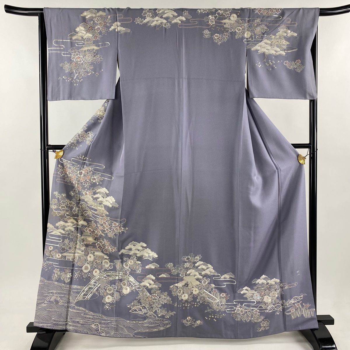 訪問着 身丈163.5cm 裄丈64.5cm M 袷 建物 桜 刺繍 銀糸 灰紫 正絹