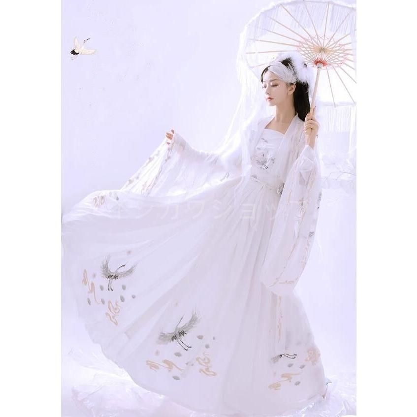 豪華鶴刺繍漢服 白系 黒系ハロウィンコスプレ衣装 中華風チャイナドレス 中国伝統古典唐装漢服 中華コスプレ衣装 レディース 大人 イベント