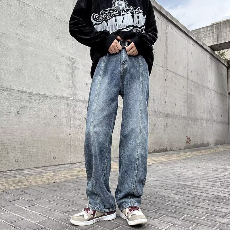 ワイドパンツ デニム メンズ おしゃれ オールシーズン ジーンズ ストレート レッグ レトロ カジュアル ジップアップ ロング ズボン 青 ワイドパンツ デニム メンズ おしゃれ オールシーズン ストリート