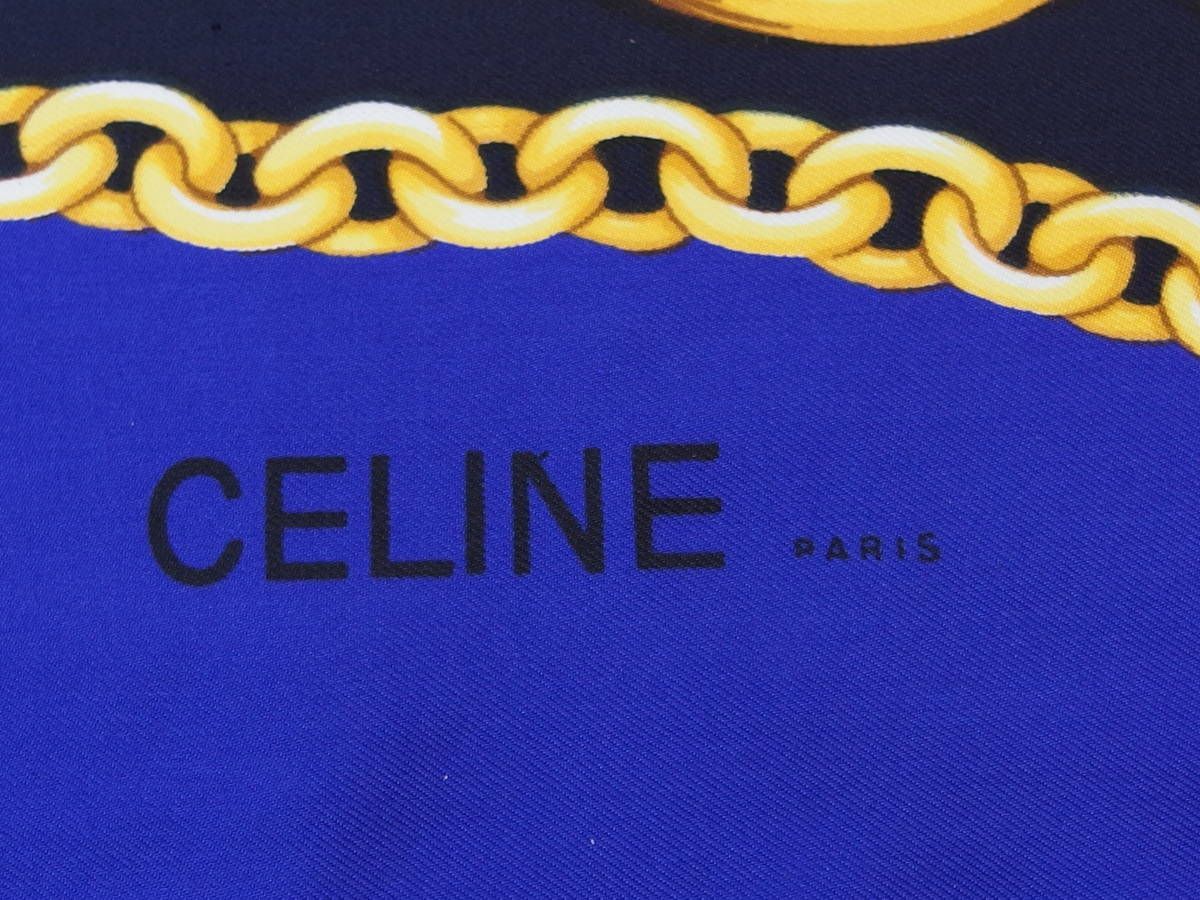美品☆CELINE セリーヌ チェーン柄 ブルー×ネイビー×ゴールド シルク