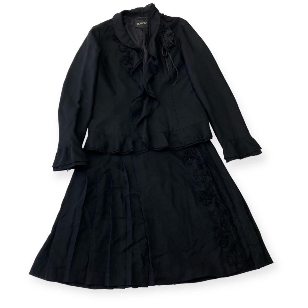 インゲボルグ スカートジャケット インゲボルグ ジャケット スカート セットアップ M 黒 レザー アンゴラ
