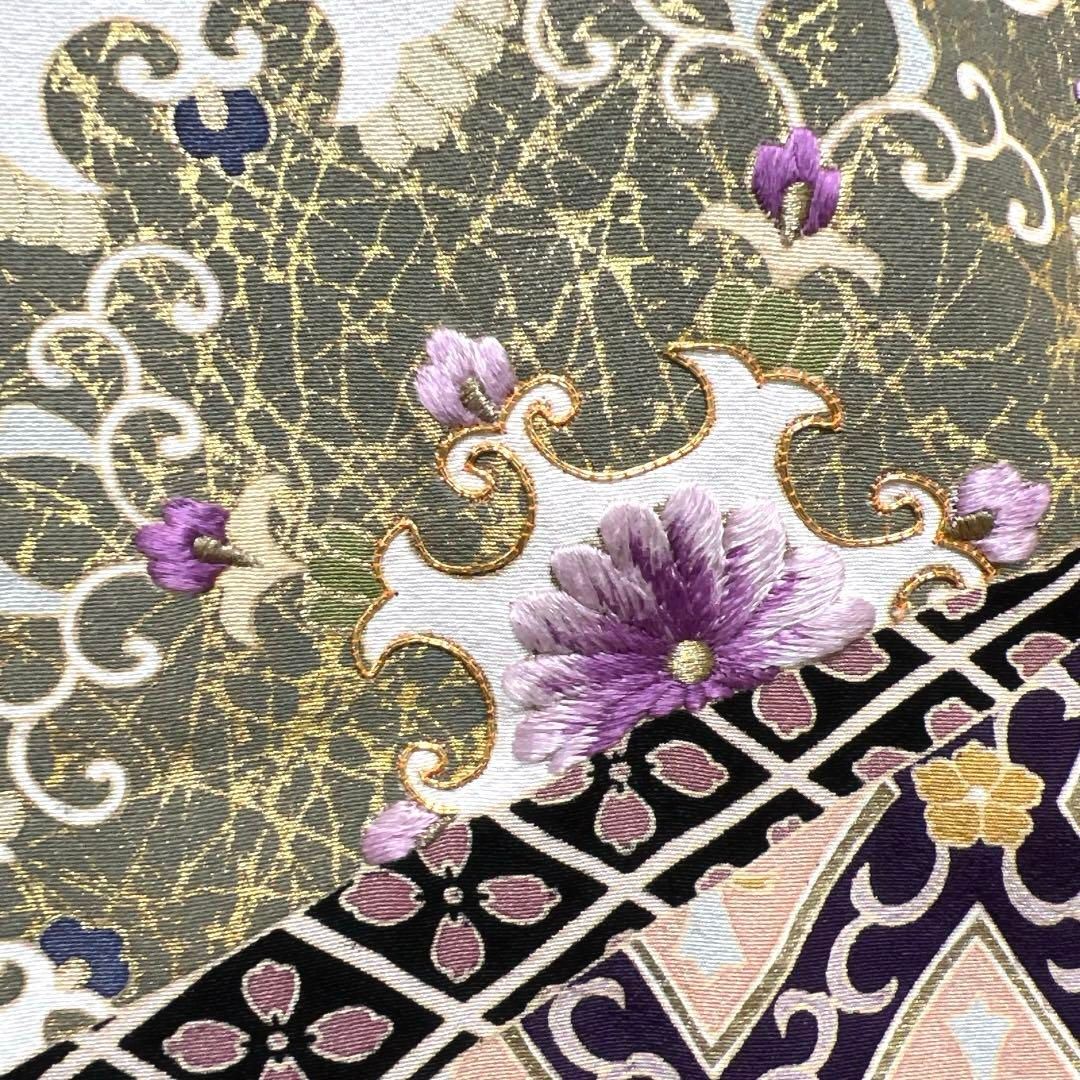 じゅらく 黒留袖 帝王紫 金駒刺繍 裂取り 伝統和模様 花 着物