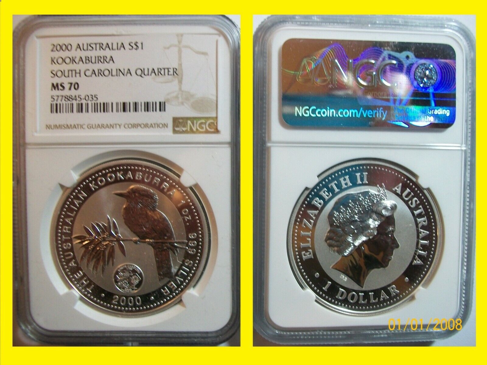 2000 Atralia Kookaburra S.Carolina privy 1 oz Silver NGC MS70 POP 3