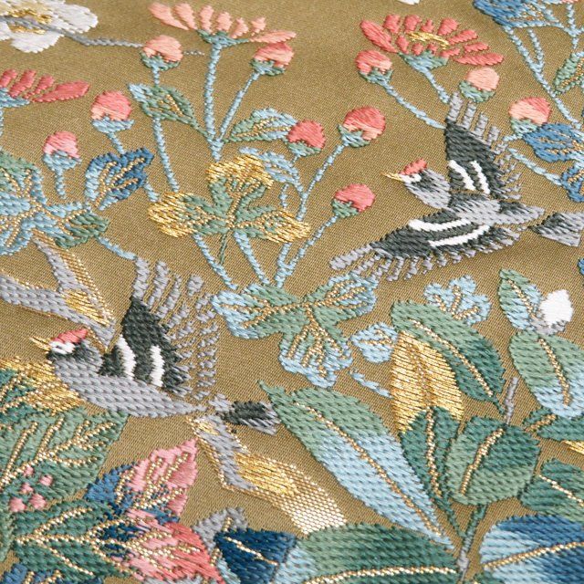 正絹袋帯向かい鳥花唐草 袋帯 美品 秀品 鳥 草花 金糸 箔 青緑 六通 正絹 【中古
