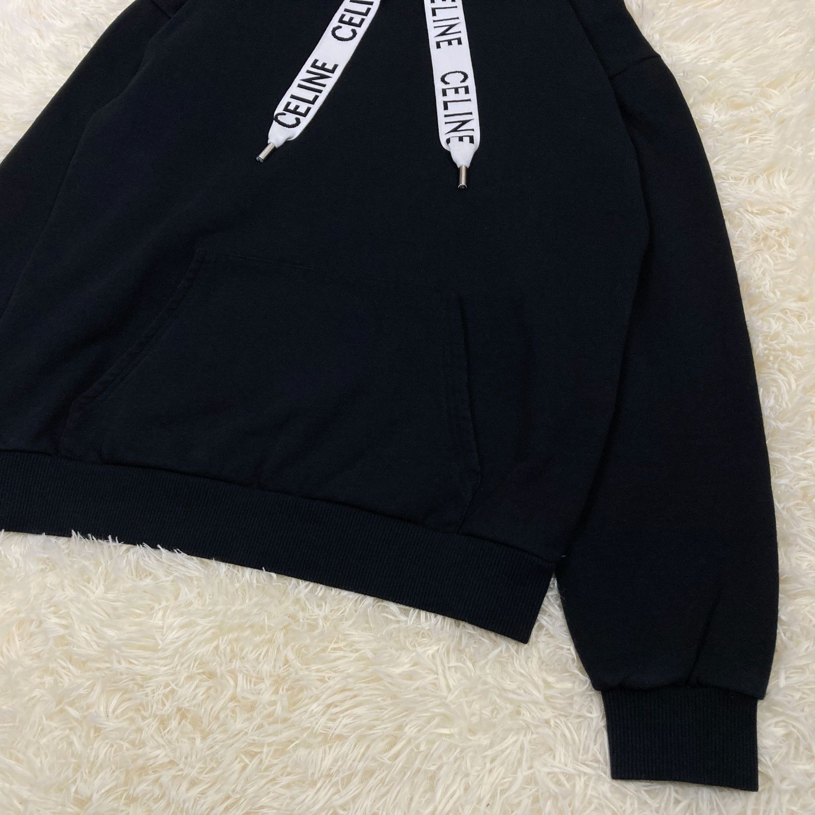 【美品】セリーヌ　ドローコードロゴ　パーカー　ブラック 人気デザイン】 CELINE PARIS セリーヌ プルオーバー パーカー