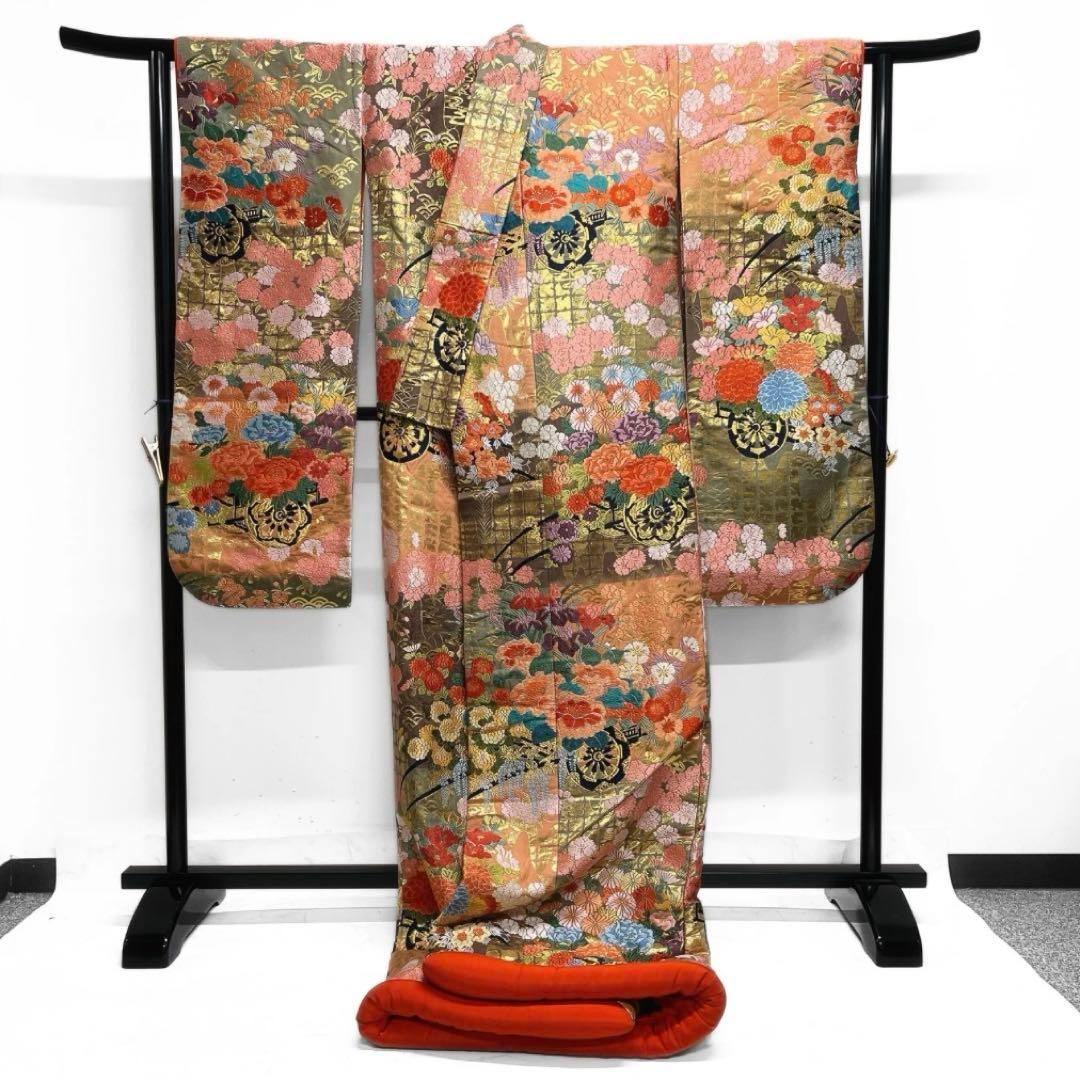色打掛 唐織 金糸 花模様 花車 格子 青海波 流水 着物 043a d ②