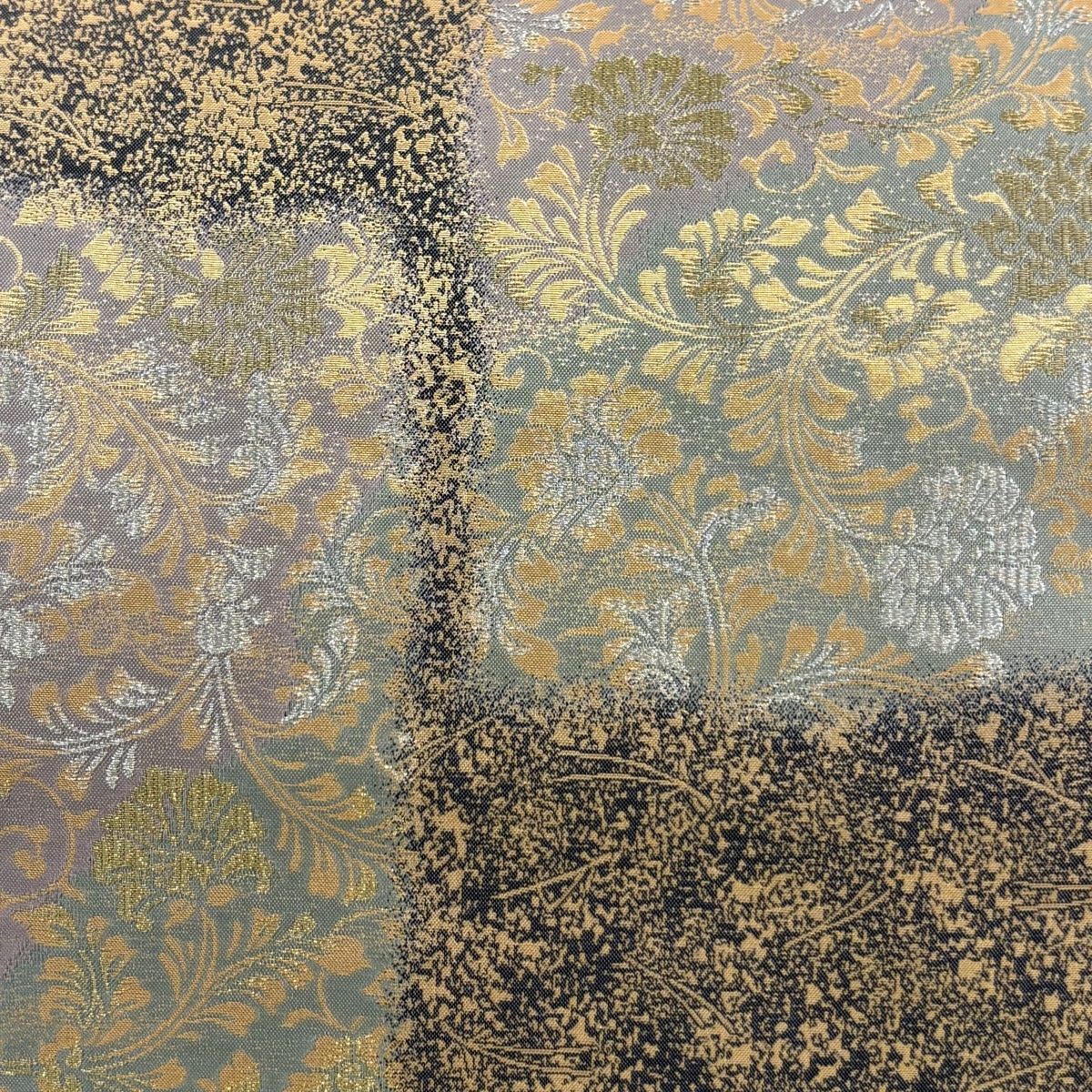 袋帯 秀品 鈴乃屋 花唐草 松葉 金銀糸 箔 灰緑 六通 正絹 【中古