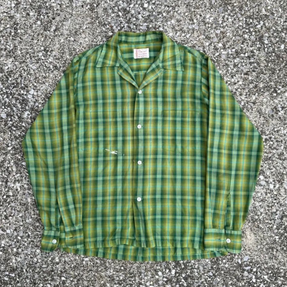 60s towncraft ／ タウンクラフト  チェックシャツ ロングスリーブ 開襟 衿芯あり コットンポリ ビンテージ  古着