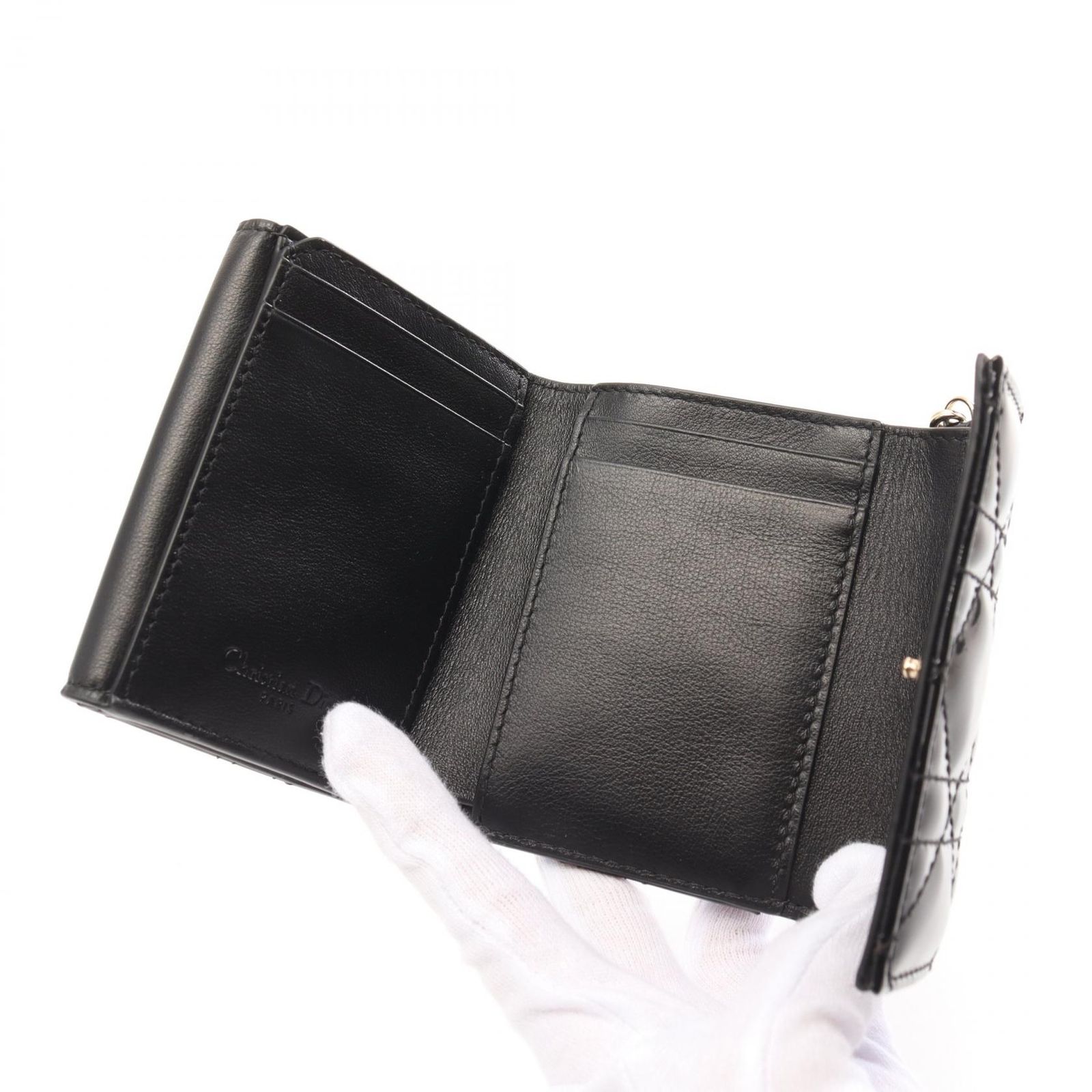 Dior ディオール 三つ折財布 コンパクト エナメル パテント 黒 クリスチャンディオールレディディオール ロータスウォレット 黒