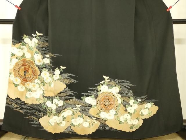 平和屋着物□豪華黒留袖 駒刺繍 鳳凰花絵皿文 金彩 正絹 逸品