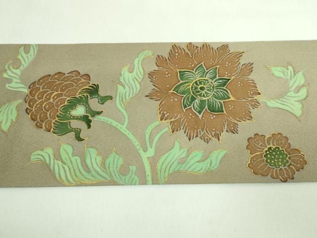 平和屋本店■超希少　品川恭子　九寸名古屋帯　更紗花文　利休茶色地　金彩　逸品　DZAA7957kh5 平和屋本店□超希少 品川恭子 九寸名古屋帯 更紗花文 利休茶色地 金彩