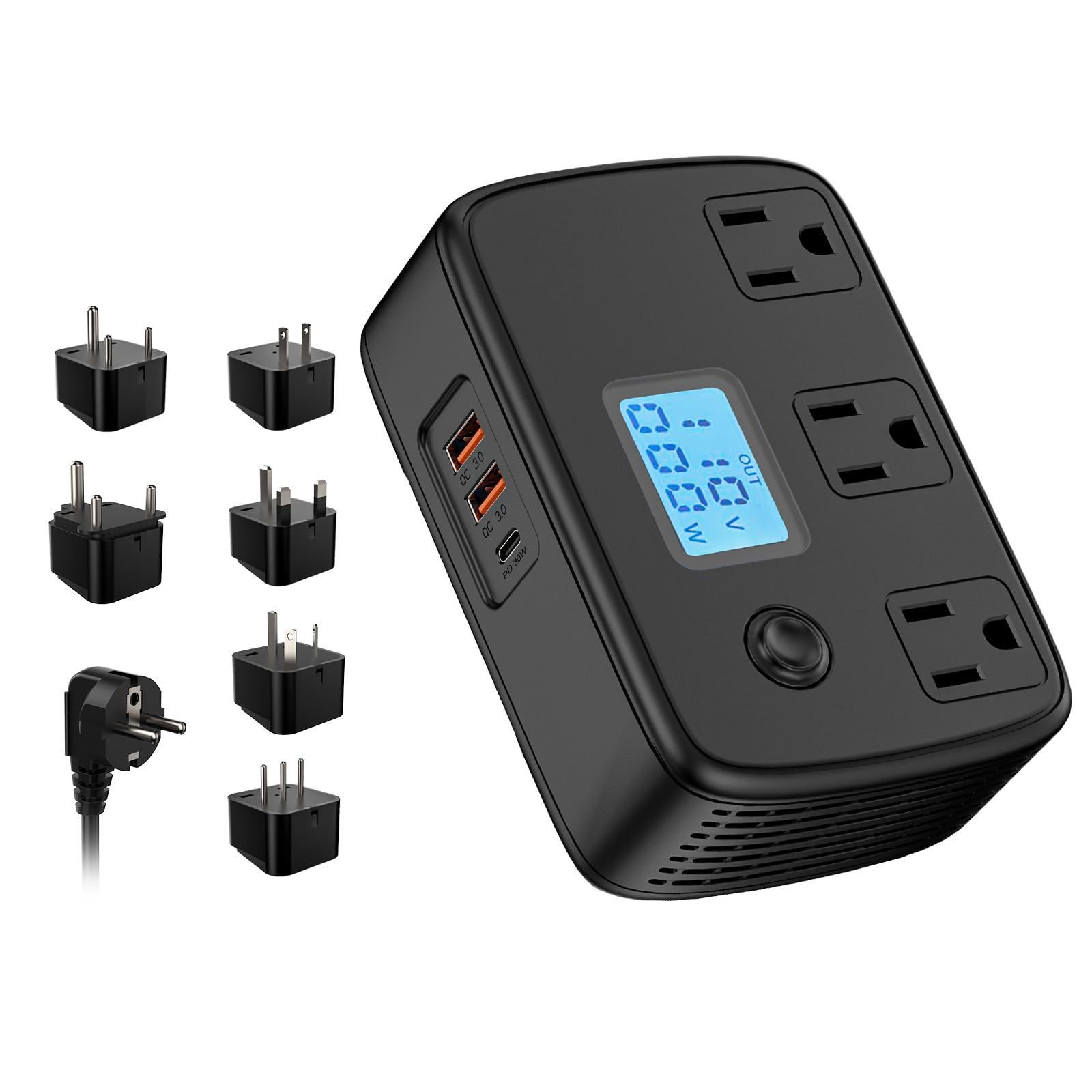 正弦波変圧器 海外旅行用 PD30W USB充電器 海外コンセント変換プラグ 変圧器220Vから100V 降圧変圧器 トラベルアダプター付き QC3.0USB充電 ビジュアルLCD 電圧変換器 250W変圧器