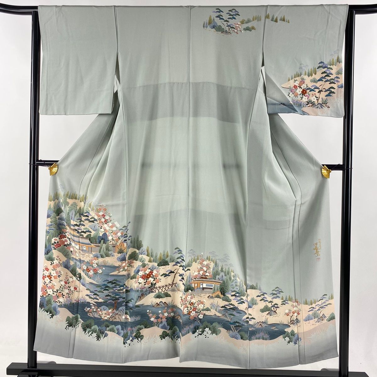 訪問着 身丈153cm 裄丈64cm M 袷 落款 風景 樹木 ぼかし 灰緑 正絹 名品