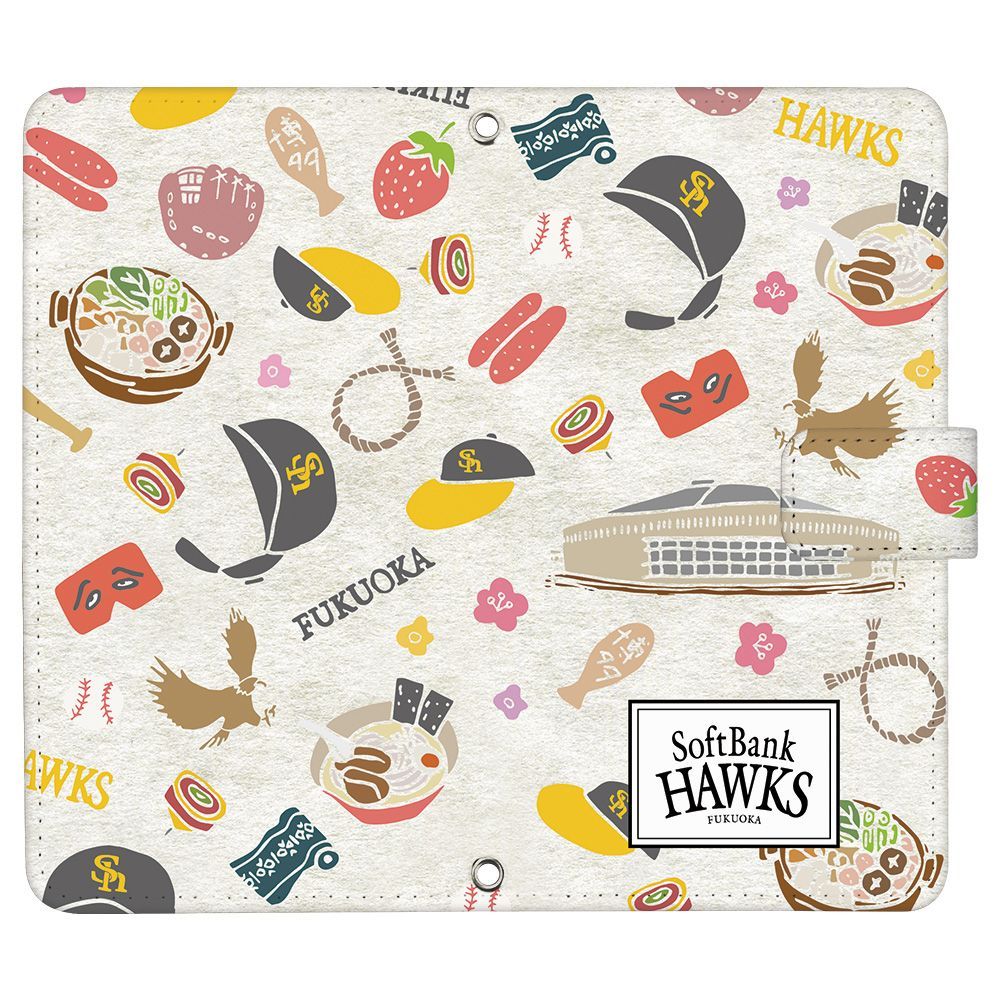 Softbank HAWKS 正規品 AQUOS sense3 SH-02M ケース 手帳型 スマホケース [デザイン:8.手描きスタジアム/マグネットハンドあり] 福岡 ソフトバンク ホークス パターン グッズ