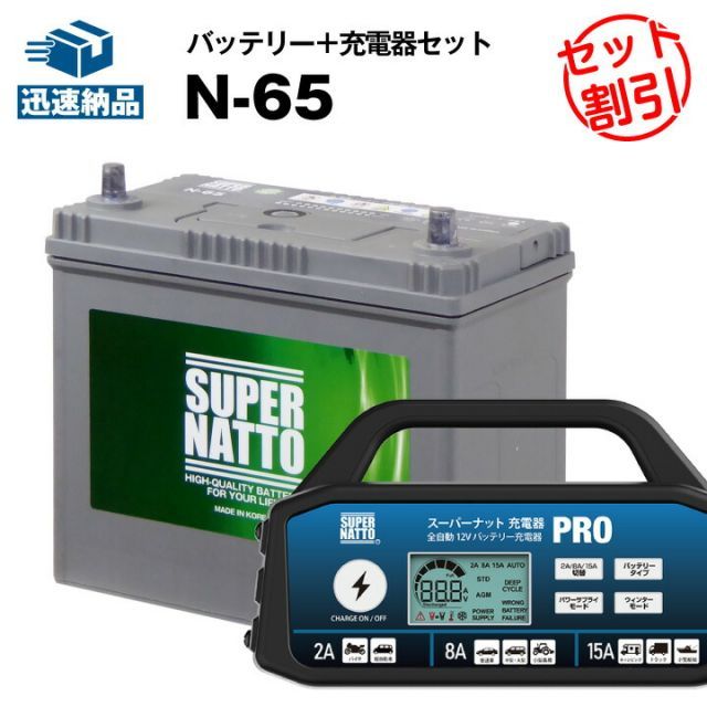 カーバッテリー充電器＋N-65■カーバッテリー■【N-55互換】コスパ最強！販売総数100万個突破！46B24L 60B24L 65B24L  75B24L互換■スーパーナット充電器PRO 12V・スーパーナット■アイドリングストップ【新品】