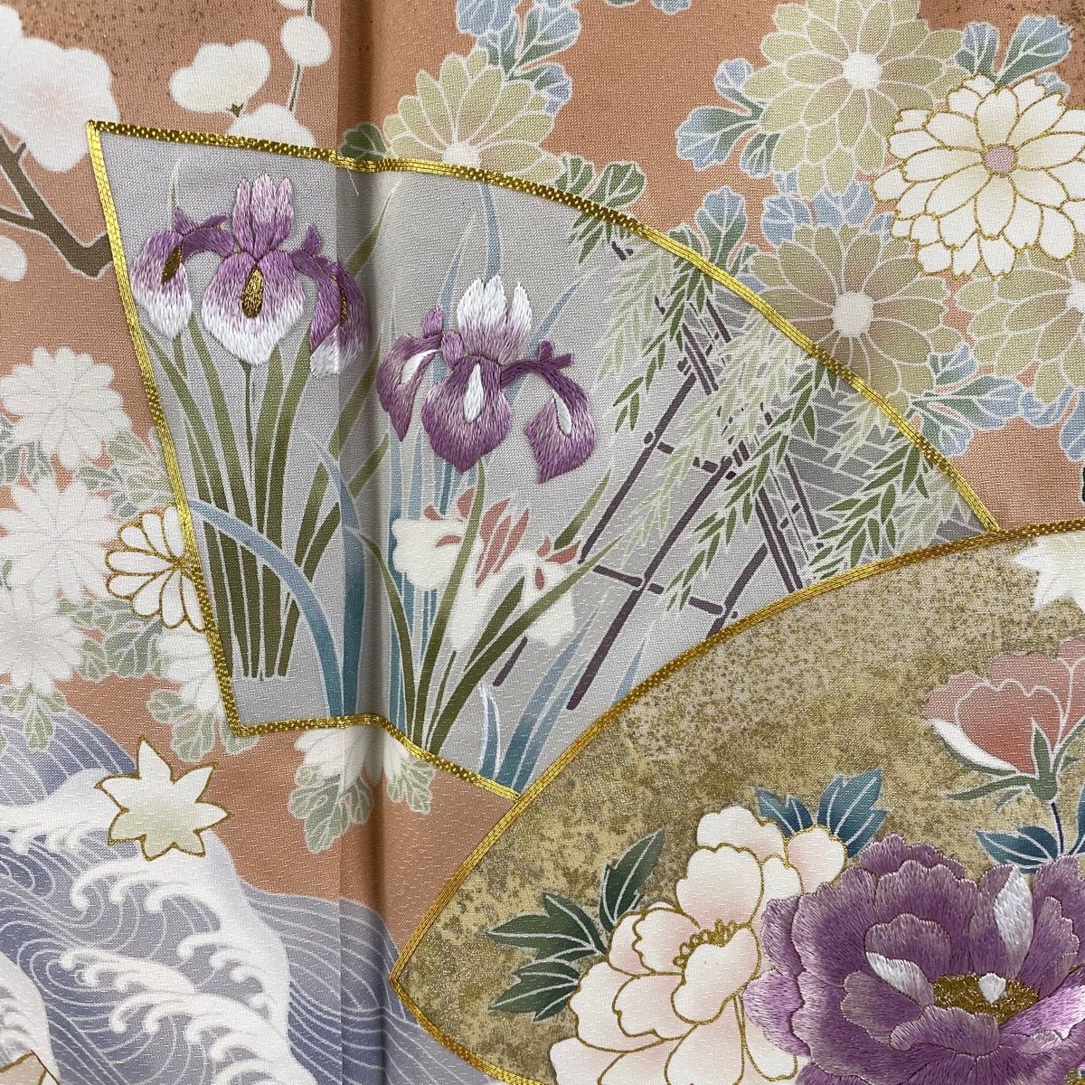 バイセル 着物 名品 訪問着 薄紫 一つ紋 花びら ぼかし 螺鈿 金彩 正絹 袷 164.5cm Mサイズ ☆☆☆☆ 訪問着 身丈160cm 裄丈64.5cm M 袷 枝花 灰茶 正絹 秀品 一