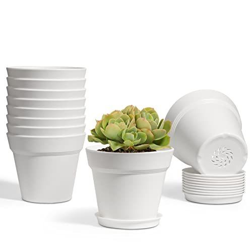10cm_ホワイト T4U 植木鉢 プラスチック プランター 10点セット 受け皿付き 排水穴付き 3号鉢 現代風 室内 観葉植物鉢 多肉植物鉢 ハーブ鉢 花鉢 白 10ｘ8.5cm