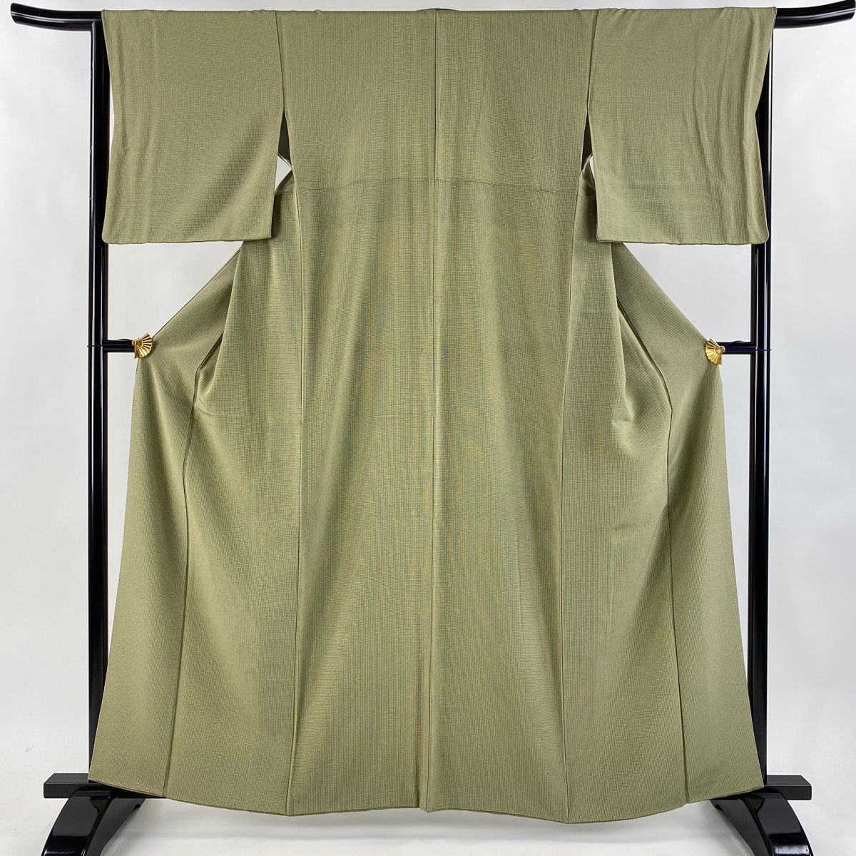 小紋 身丈162cm 裄丈64.5cm M 袷 格子 灰緑 正絹 名品