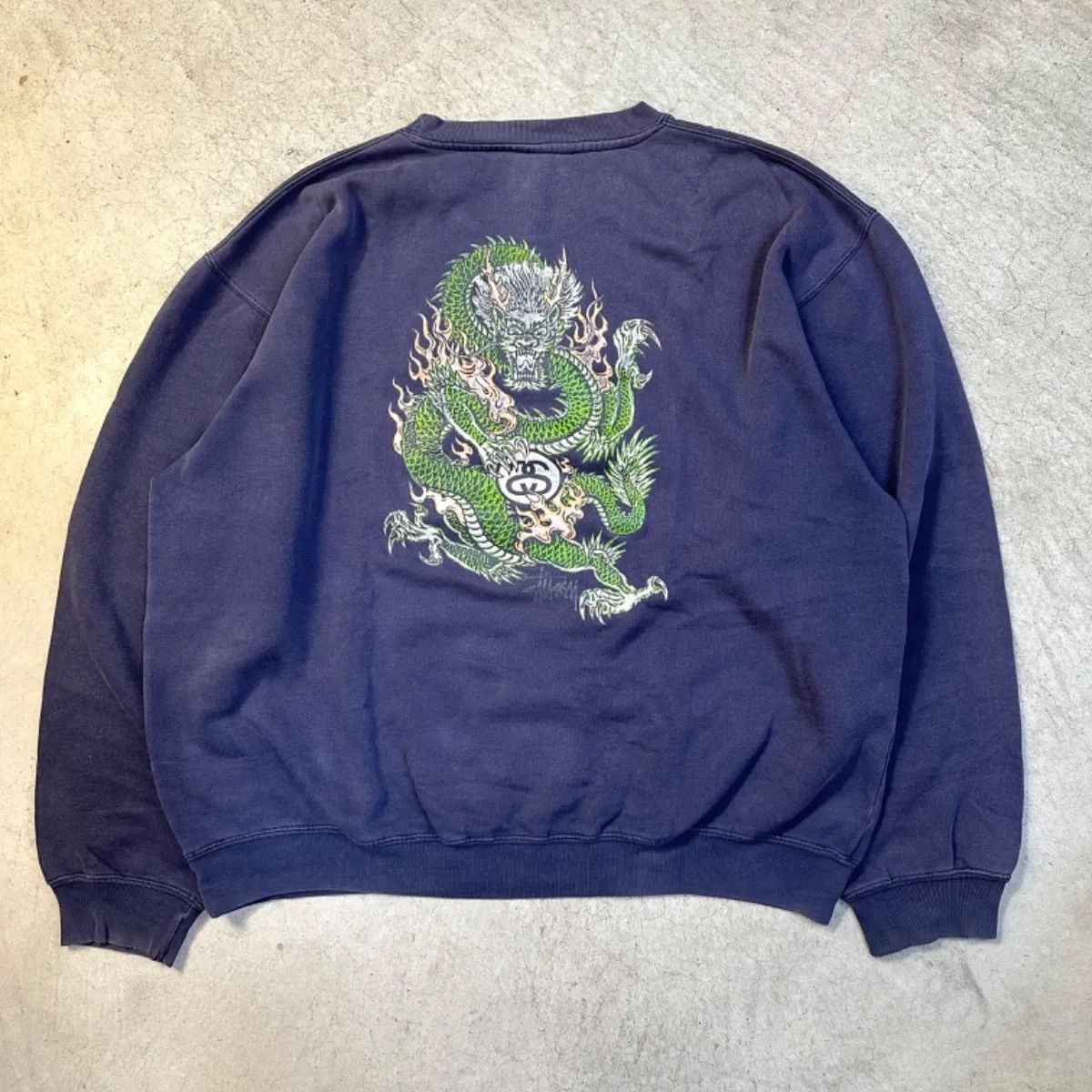 約60身幅90s old stussy 紺タグ USA製 スウェット ドラゴン 龍 ナス紺 茄子紺 サンフェード　XL