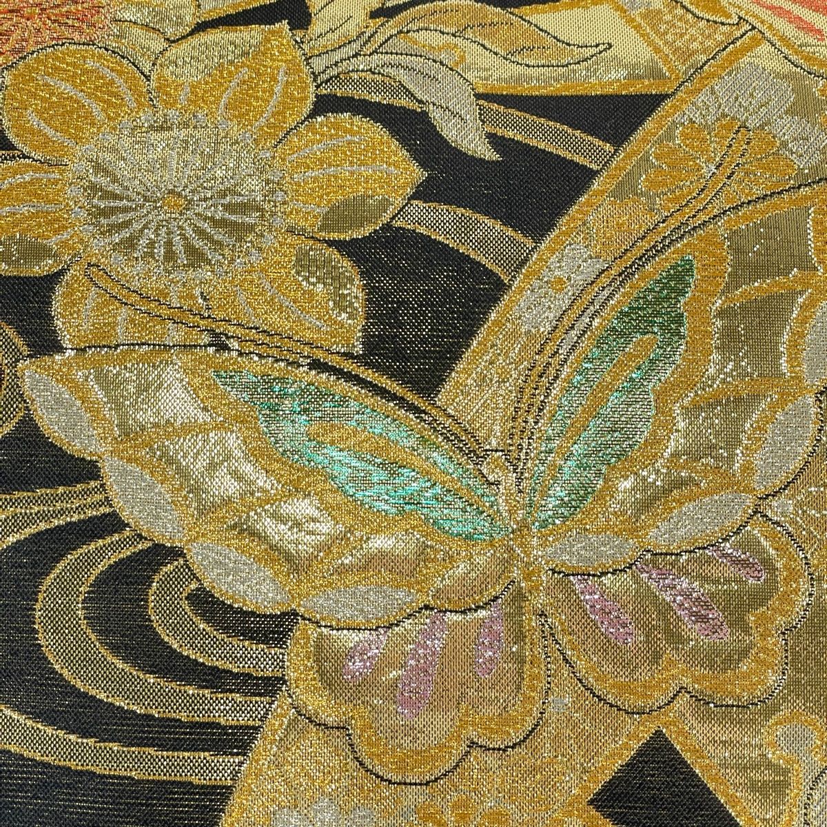 袋帯 花唐草文様 黒色 銀箔 金糸 六通柄 正絹 フォーマル 仕立て