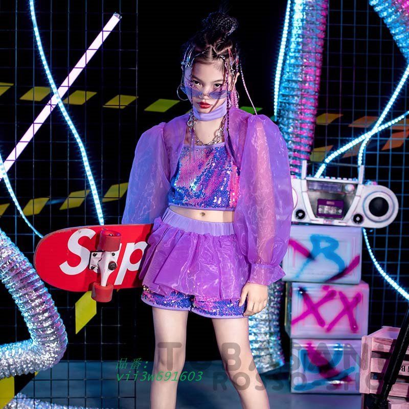ダンス 衣装 キッズ 韓国 ガールズ 紫 セットアップ スパンあみ