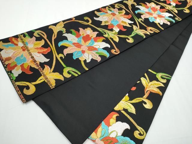 平和屋着物○六通柄 本袋帯 牡丹唐花 黒地 金銀糸 正絹 逸品