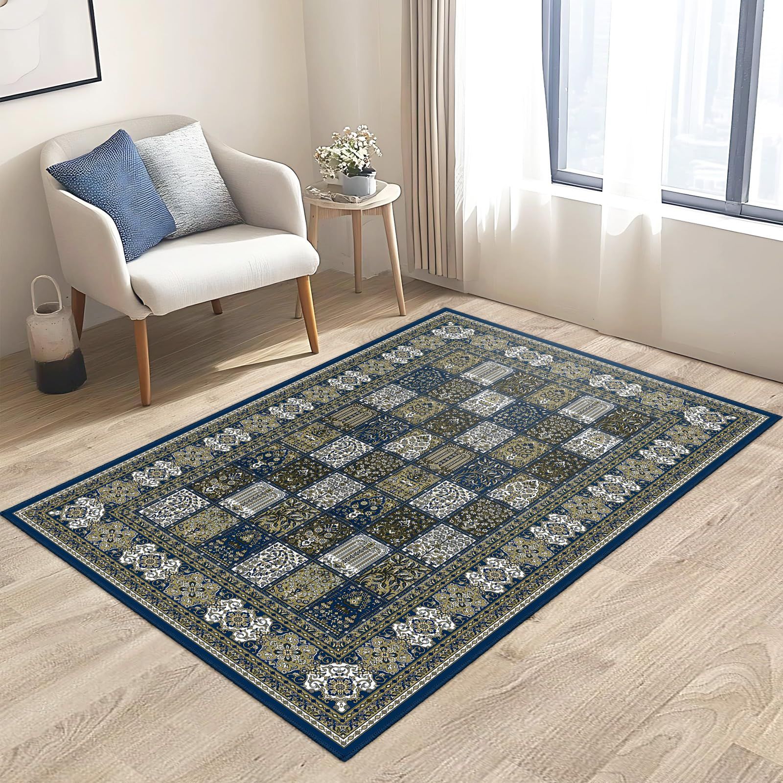 FORTSEA 洗えるラグ 130×200 ヴィンテージチェック ダークグリーン 滑り止め付き 防音 折り畳み 軽量 ベッドサイドマット