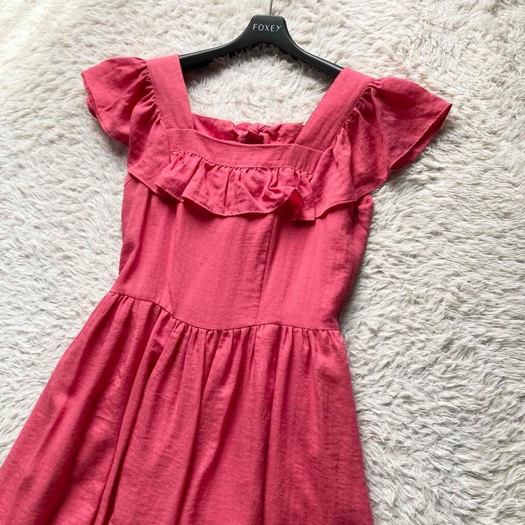 Chesty チェスティ ロングフ ワンピース Aライン フリル バックりぼん バックオープン スクエアネック 細かなラメ入り ピンク 1サイズ