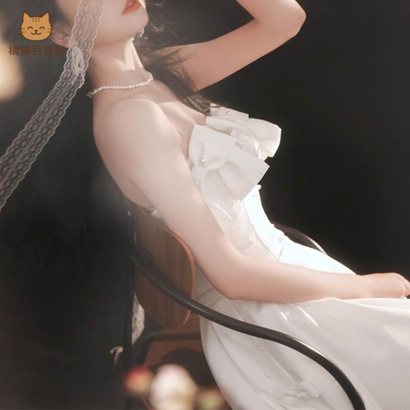 ドレス リボン パール ワンピース ホワイト ロング 結婚式 韓国 新品未使用ウェディングドレス 結婚式 二次会 ウエディング