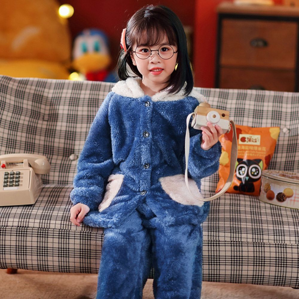 ネイビー  100cm  パジャマ キッズ 秋冬 kmd01 パジャマ キッズ セットアップ 裏起毛 フード付き 上下セット ルームウェア 部屋着 女の子 男の子 厚手 暖かい 長袖 前ボタン モコモコ もこもこ か