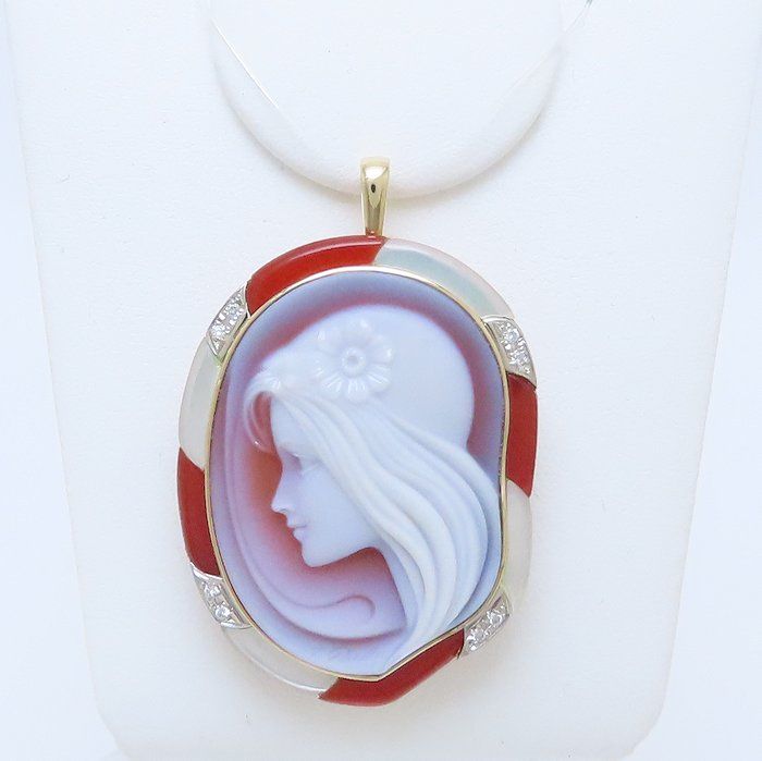 ERWIN PAULY エルヴィンポーリー カメオ ブローチ ペンダントトップ兼用 ダイヤモンド0.08ct メノウ K18YG イエローゴールドxPt900プラチナ レディース 294331 BJ