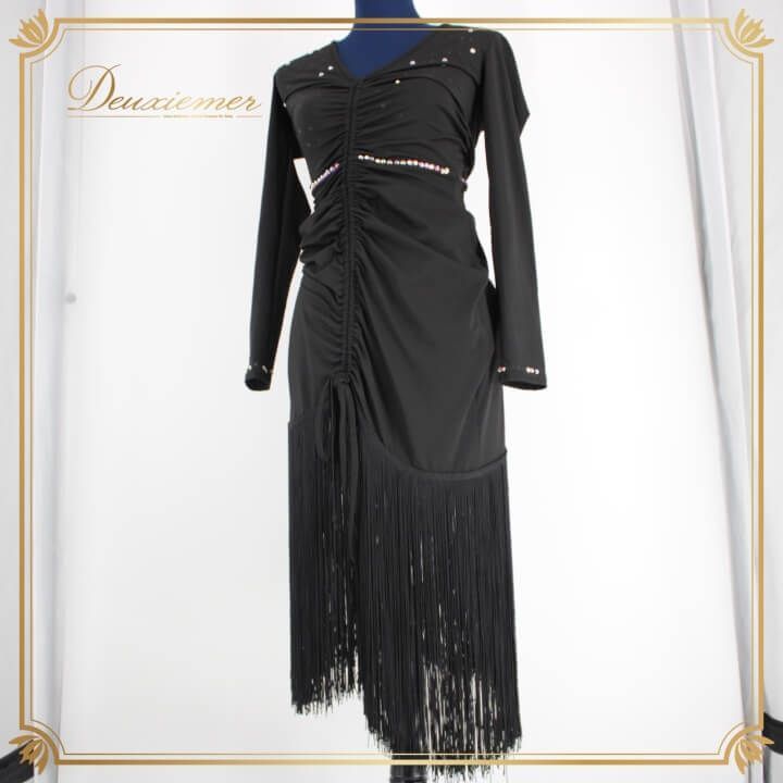 社交ダンス 衣装 ラテン ドレス ワンピース レッスンウェア レディース オールシーズン ZYM ブラック系 フリンジ ラインストーン 黒 長袖 シンプル フリンジドレス ダンスウェア ラインストーン装飾 ブラックドレス シンプルデザイン 長袖ドレス
