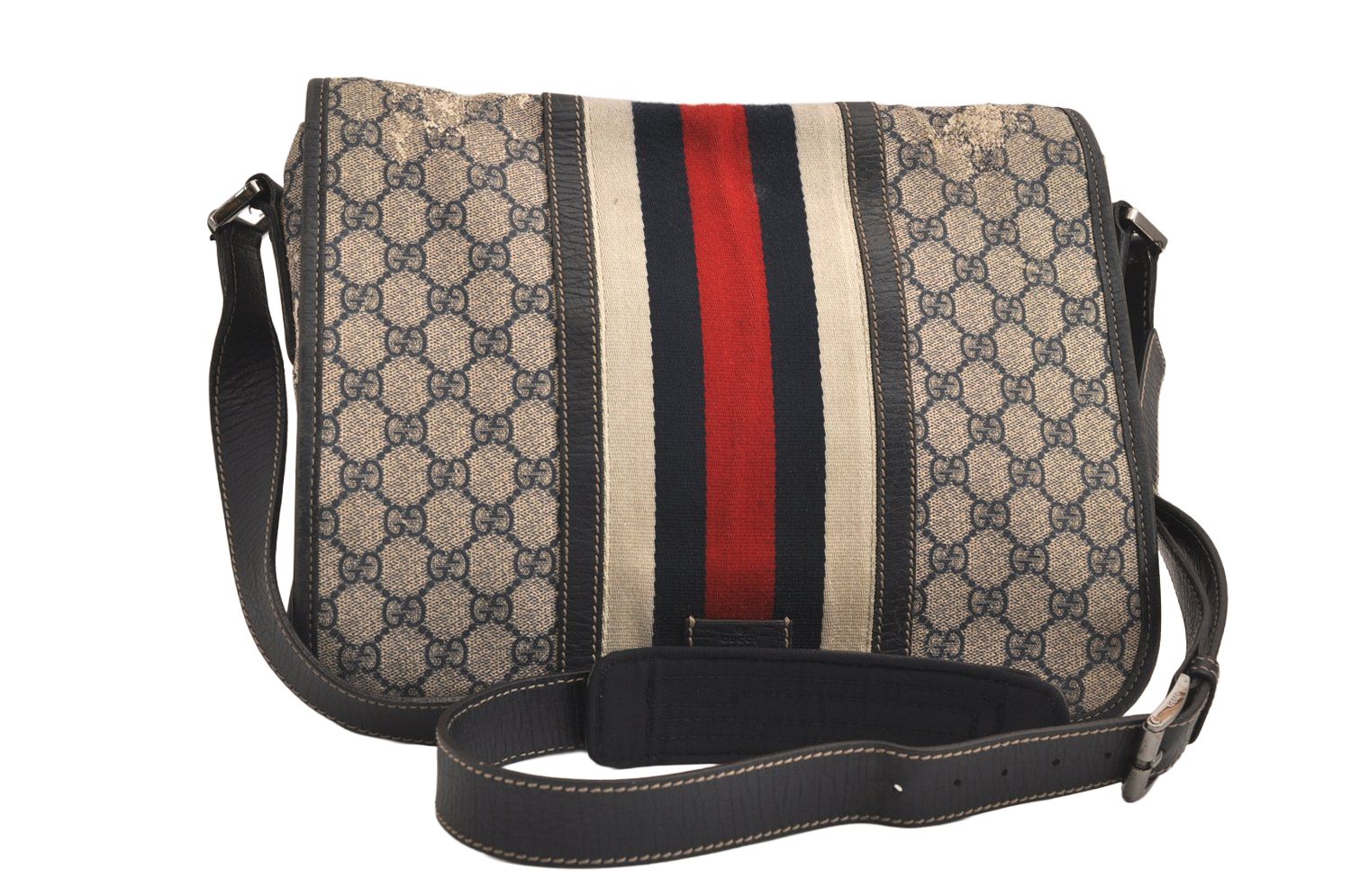 GUCCI グッチ シェリーライン ショルダークロスバッグ GGピーブイシー レザー 145844 ネイビー 6217M