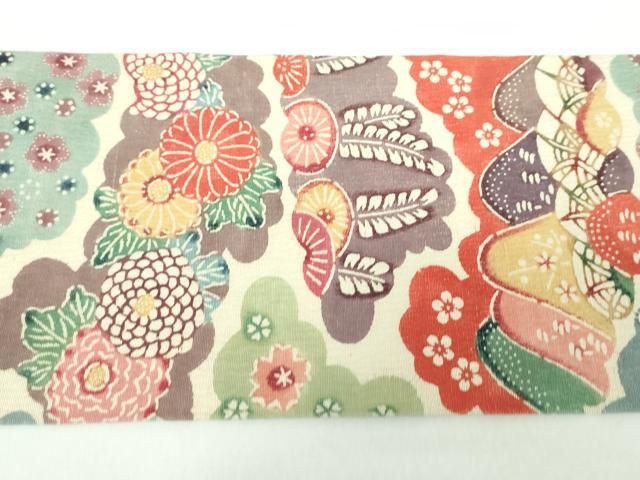 平和屋着物○九寸名古屋帯 型染 雲取り遠山花文 正絹 逸品 DAAX4343ps